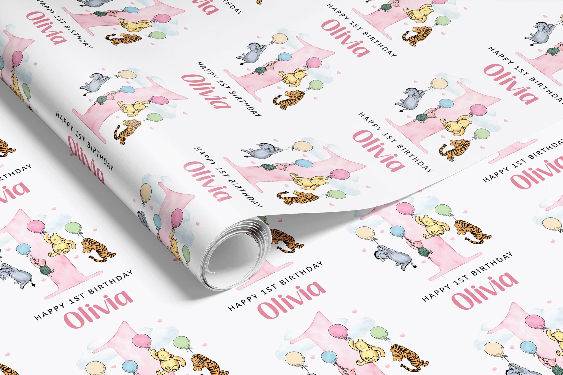 a repeating pattern of a birthday wrapping paper with illustrations of Winnie the Pooh and the number 1, along with the text "Happy 1st Birthday" and the name "Olivia".