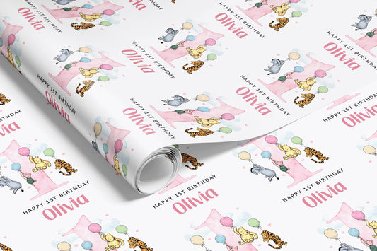 a repeating pattern of a birthday wrapping paper with illustrations of Winnie the Pooh and the number 1, along with the text "Happy 1st Birthday" and the name "Olivia".