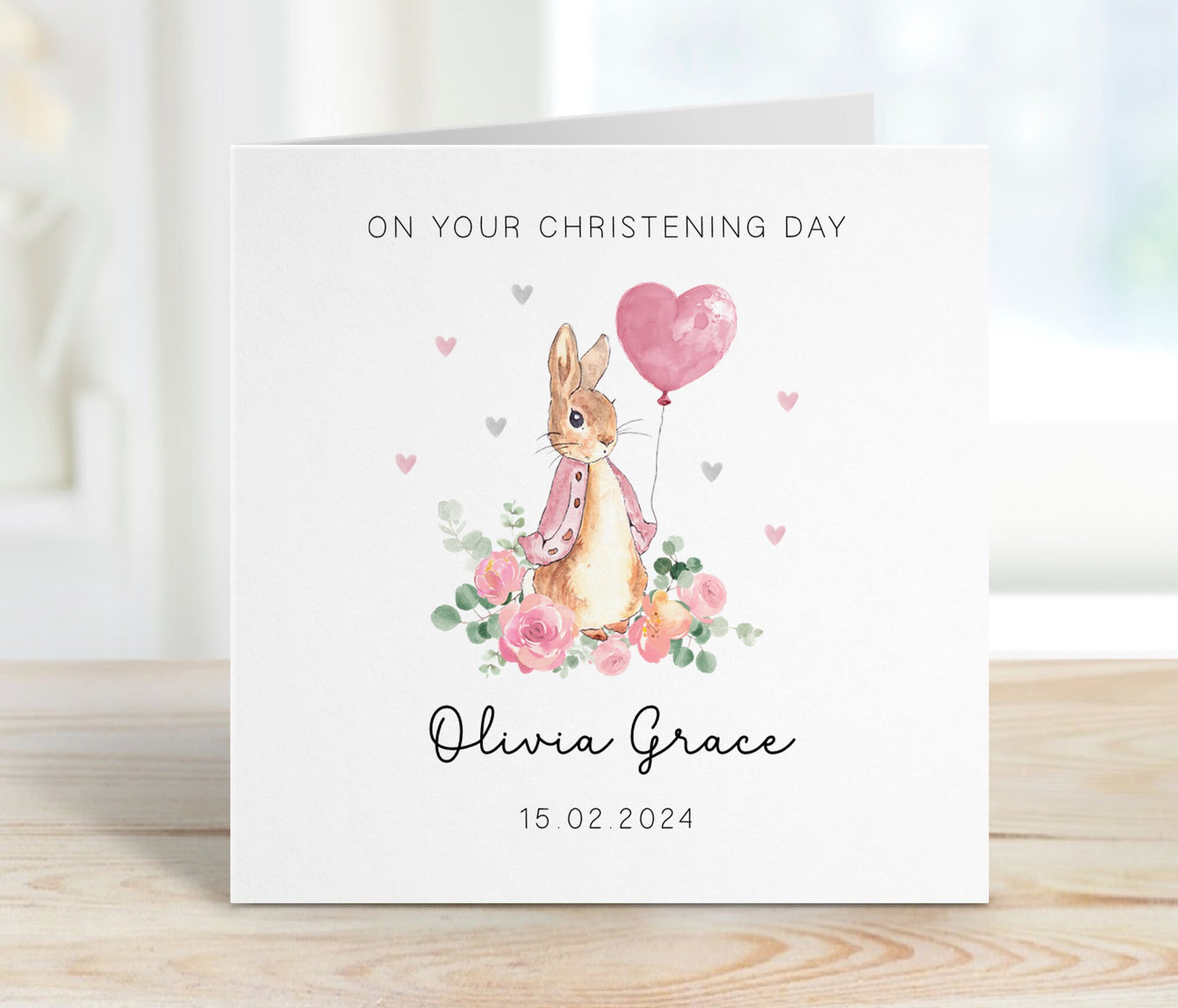 Classic Bunny Rabbit Christening Card - Pink Balloon