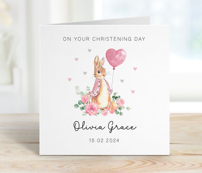 Classic Bunny Rabbit Christening Card - Pink Balloon