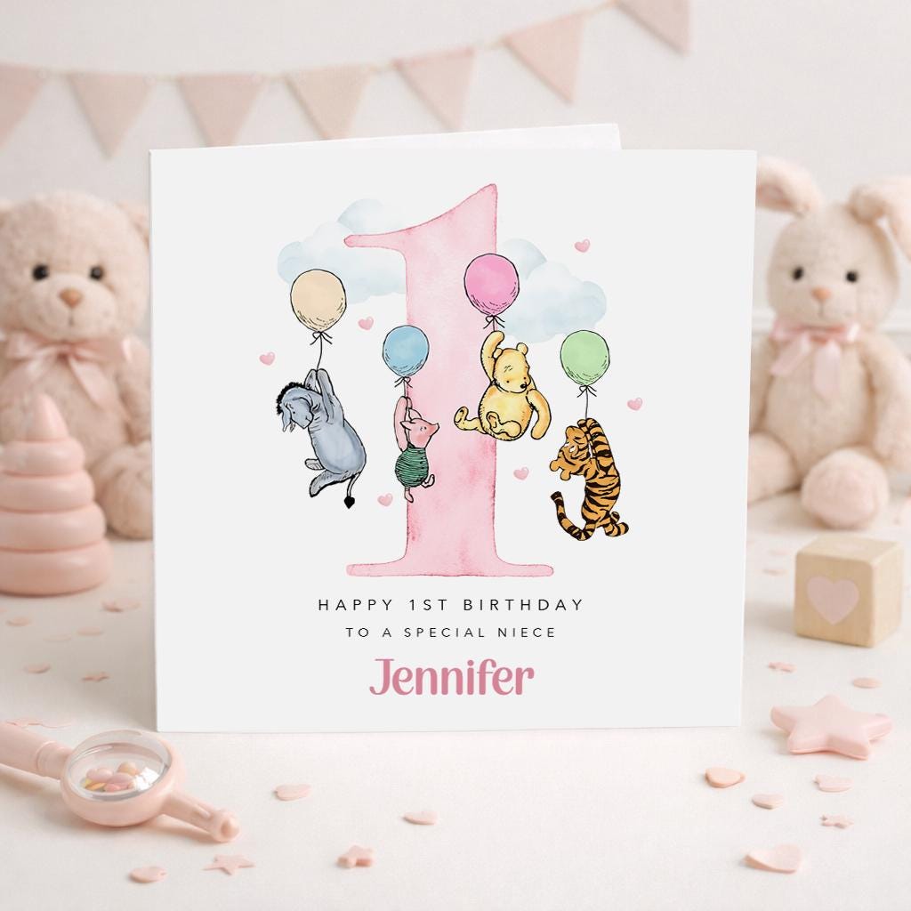 A personalized birthday card for a baby girl named Jennifer, featuring illustrations of Winnie the Pooh and other characters, along with balloons and a pink number one.