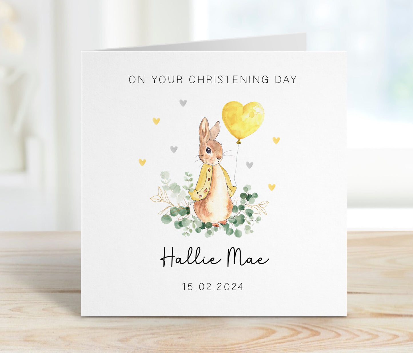 Classic Bunny Rabbit Christening Card - Yellow Balloon