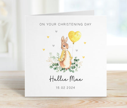 Classic Bunny Rabbit Christening Card - Yellow Balloon