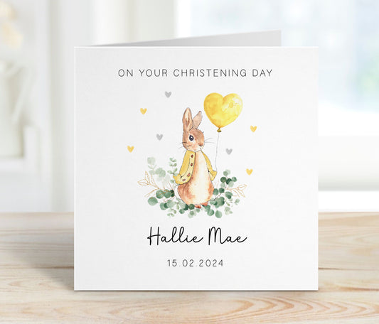 Classic Bunny Rabbit Christening Card - Yellow Balloon