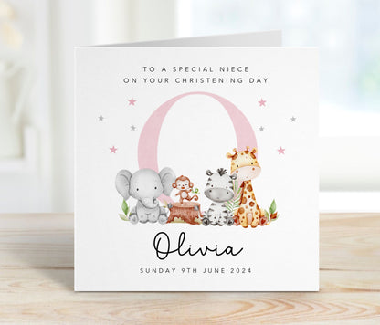 Pink Initial Christening Card with animals