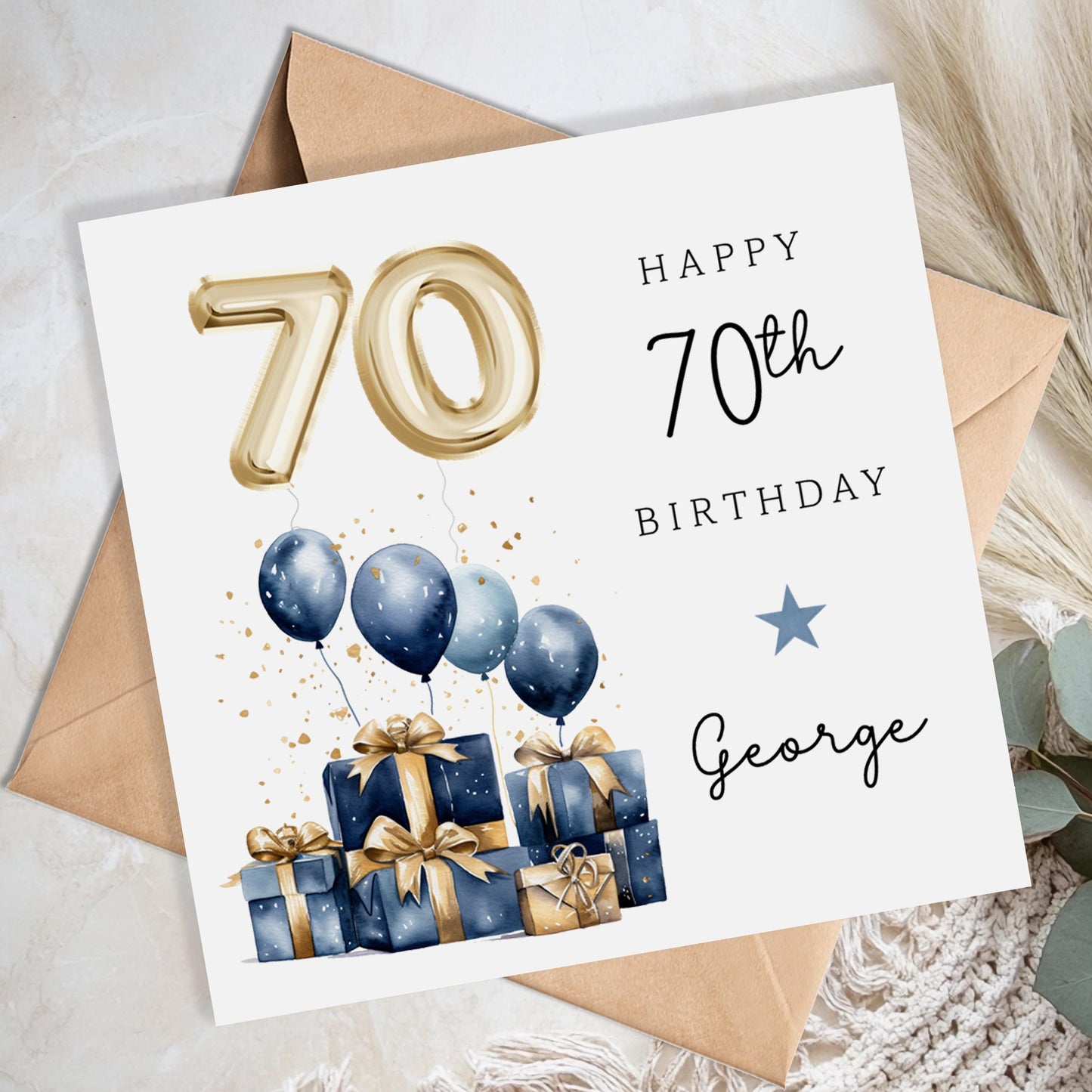 Personalised 70th Birthday Card for Him - Blue and Gold Balloons | B59