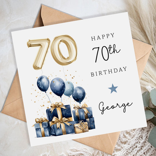 Personalised 70th Birthday Card for Him - Blue and Gold Balloons | B59