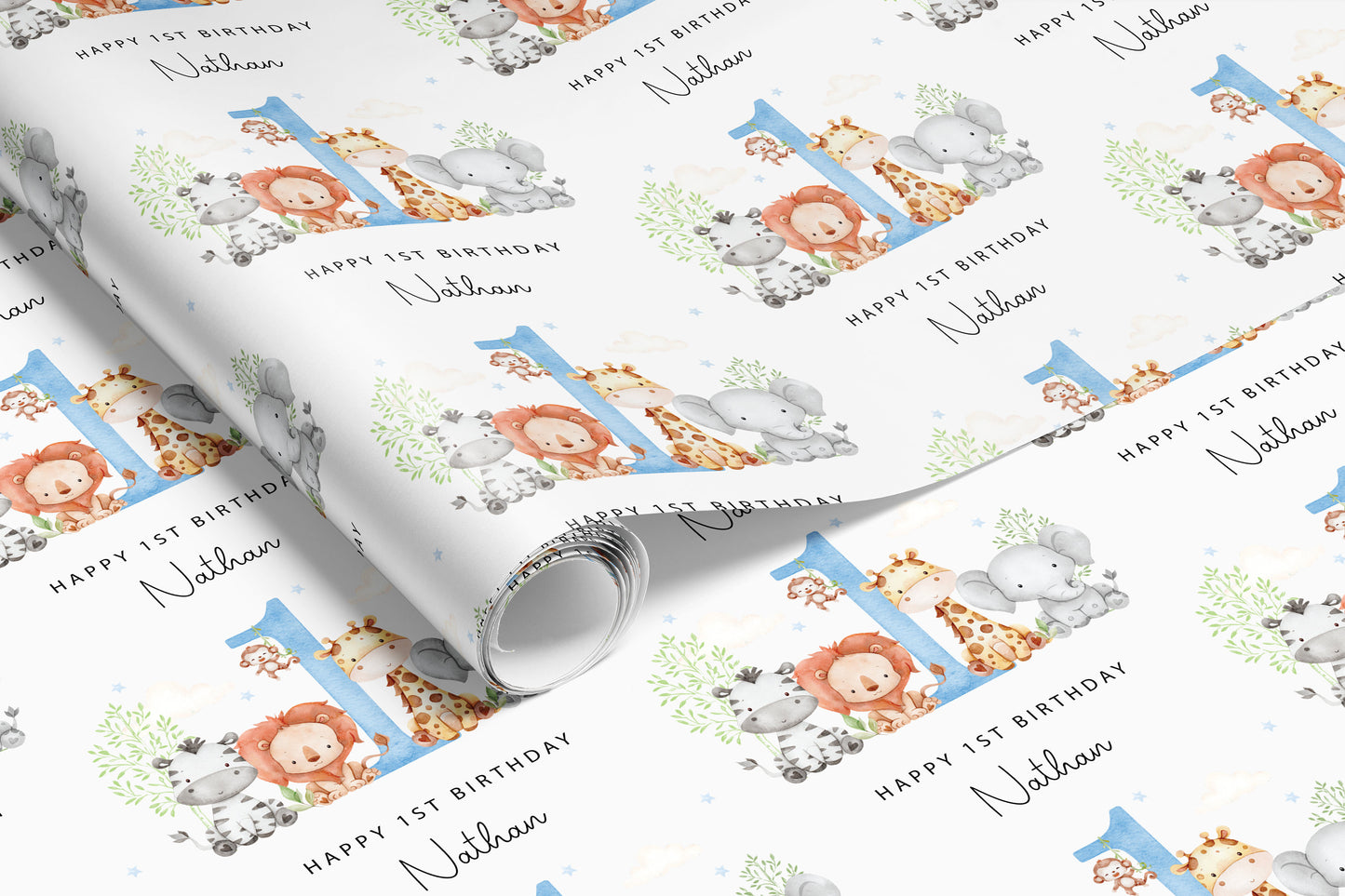 Personalised Blue Animals Birthday Gift Wrap | Wrapping Paper | WRAP0004