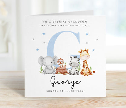 Blue Initial Christening Card with animals