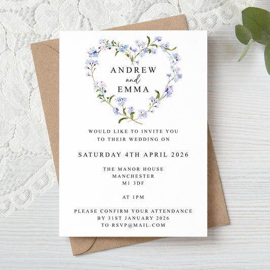 Lilac Blue Floral Heart Wedding Invitation