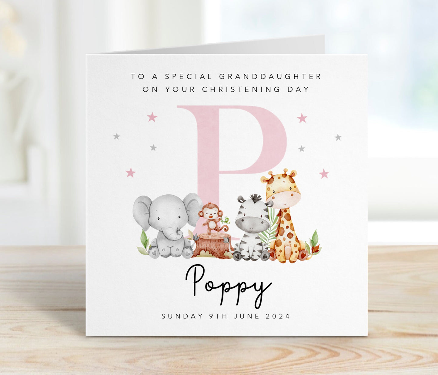 Pink Initial Christening Card with animals