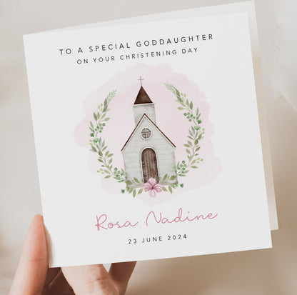 Personalised Christening Baptism Card - Pink Chapel Church