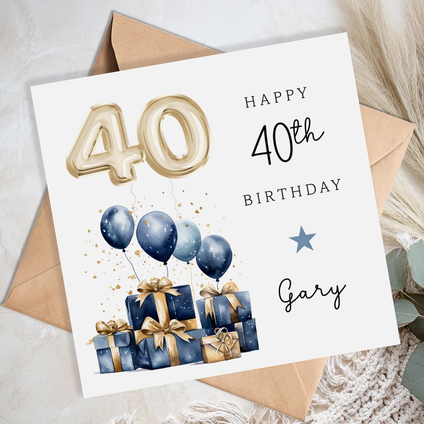 Personalised 40th Birthday Card for Him - Blue and Gold Balloons | B59