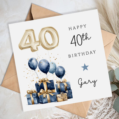Personalised 40th Birthday Card for Him - Blue and Gold Balloons | B59