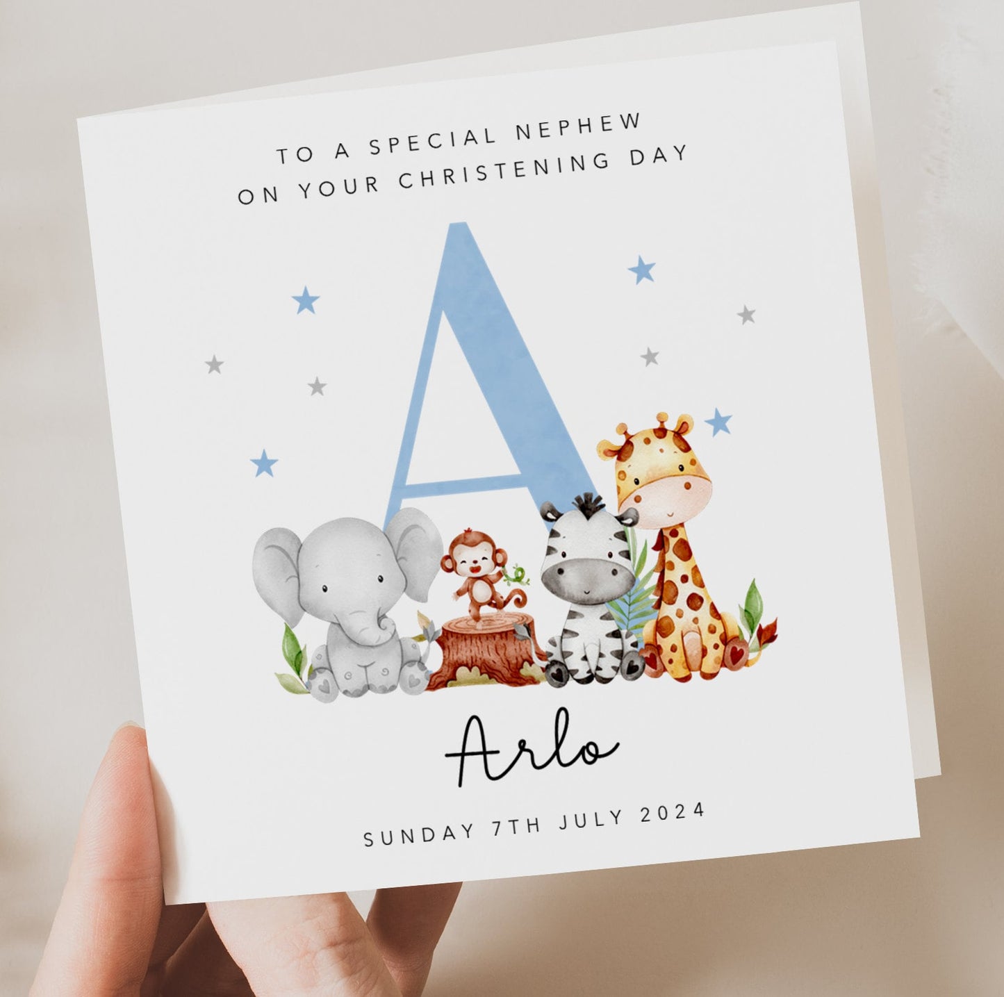 Blue Initial Christening Card with animals