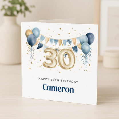 Personalised 30th Birthday Card for Him - Blue and Gold | B18