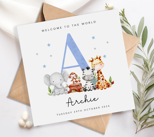 Personalised New Baby Card - Blue Animals
