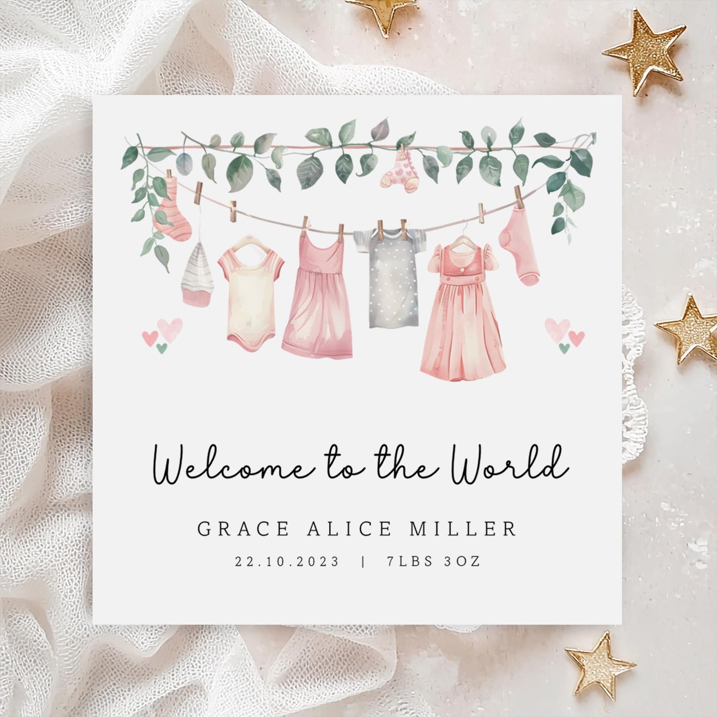 Pink Baby Clothes Line - Baby Card