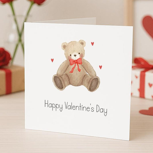 Happy Valentines Day Card - Simple Teddy Bear with Hearts | For Her | For Him