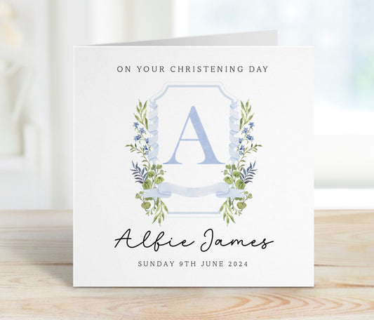 Personalised Christening Card - Blue Floral Crest Initial