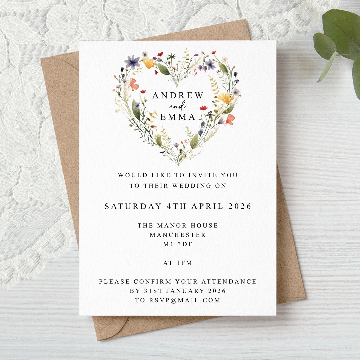 Wildflowers Heart Wedding Invitation