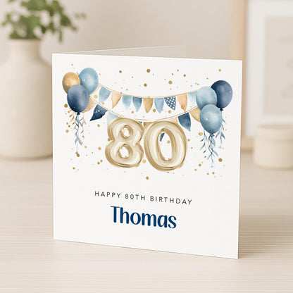 Personalised 80th Birthday Card for Him - Blue and Gold | B18