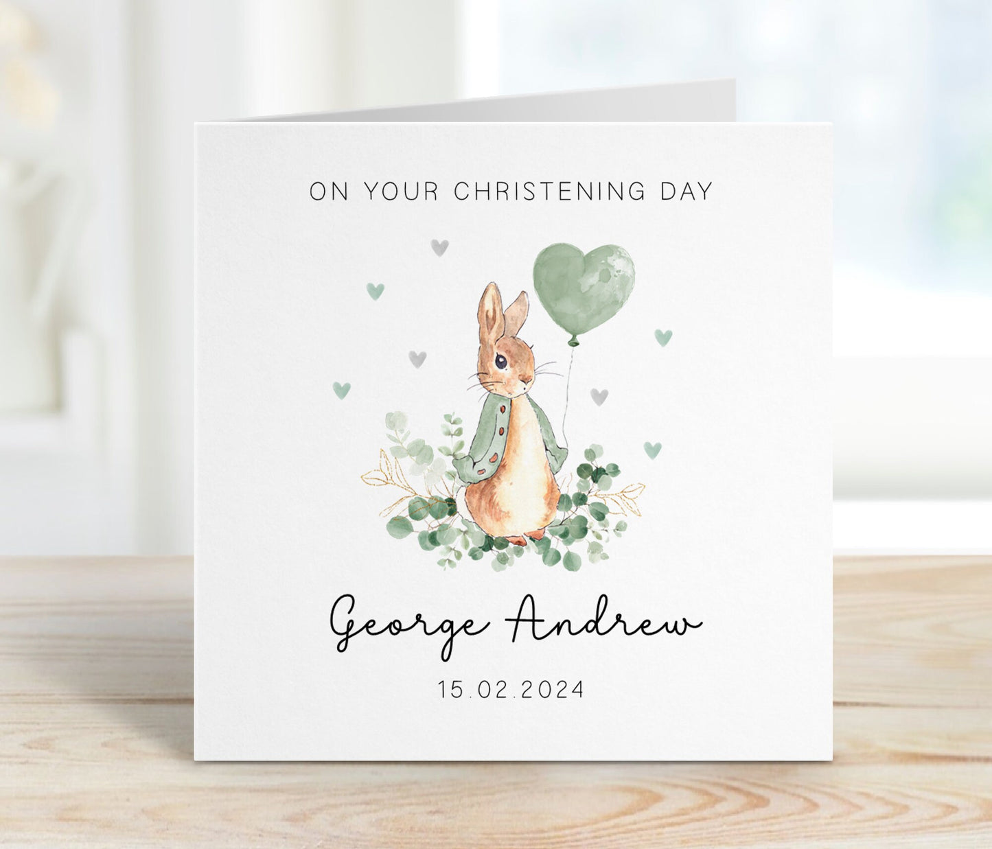 Classic Bunny Rabbit Christening Card - Green Balloon