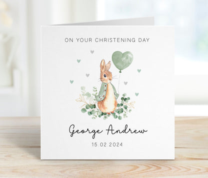 Classic Bunny Rabbit Christening Card - Green Balloon