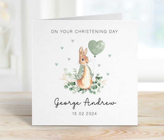 Classic Bunny Rabbit Christening Card - Green Balloon