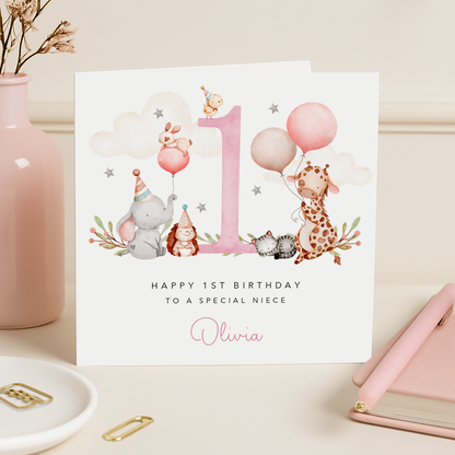 Pink Animals Birthday Card