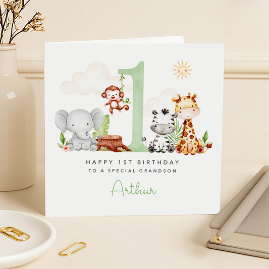 Green Safari Animals Birthday Card