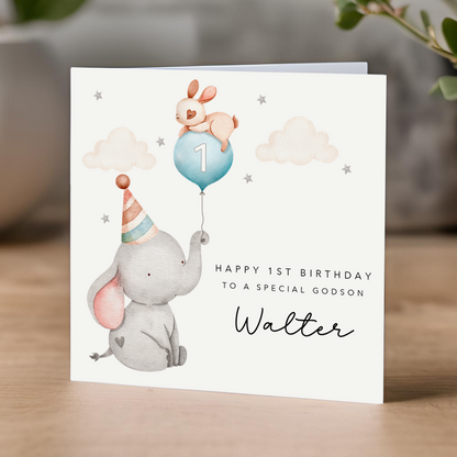 Blue Elephant Balloon Birthday Card