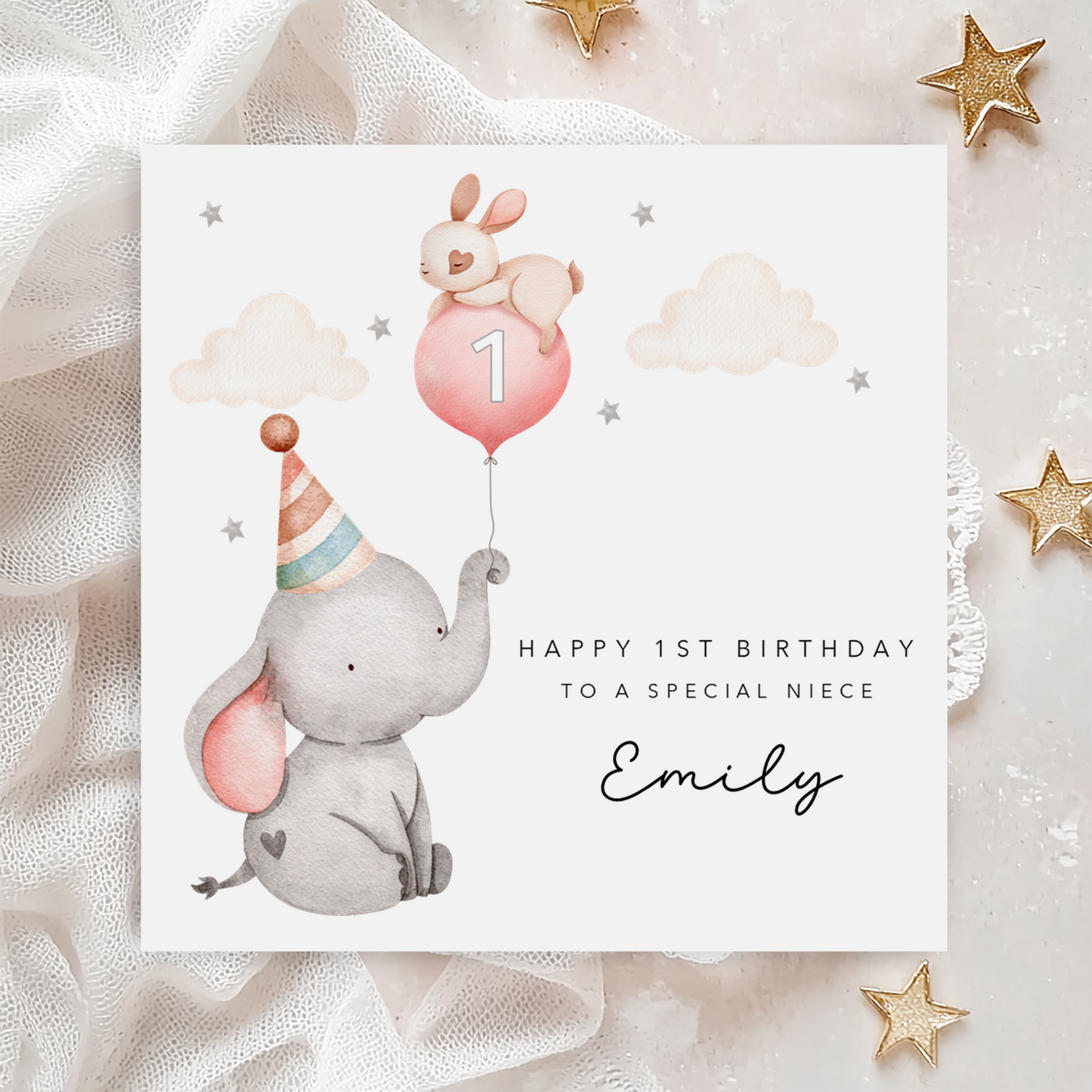 Pink Elephant Balloon Birthday Card