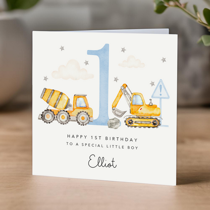 Blue and Yellow Construction themed Birthday Card