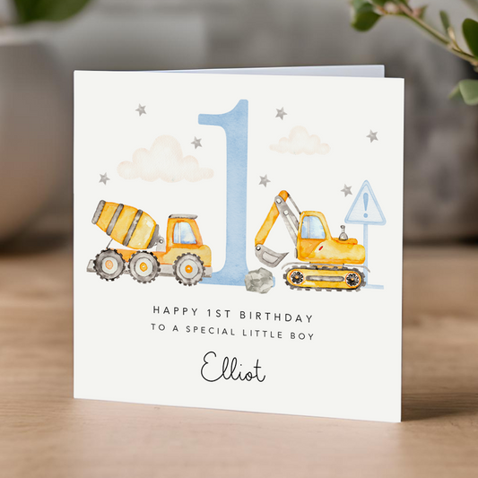 Blue and Yellow Construction themed Birthday Card