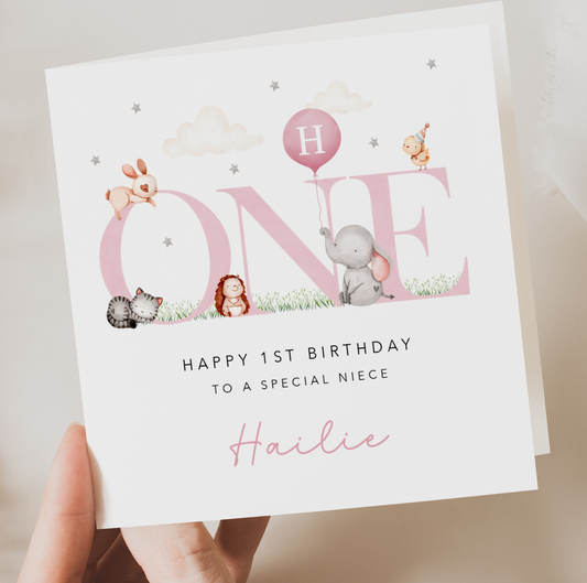 Pink 1st Birthday Card with animals