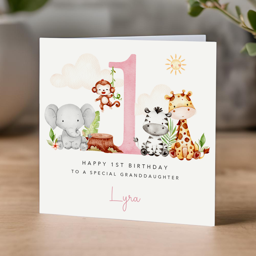 Pink Safari Animals Birthday Card