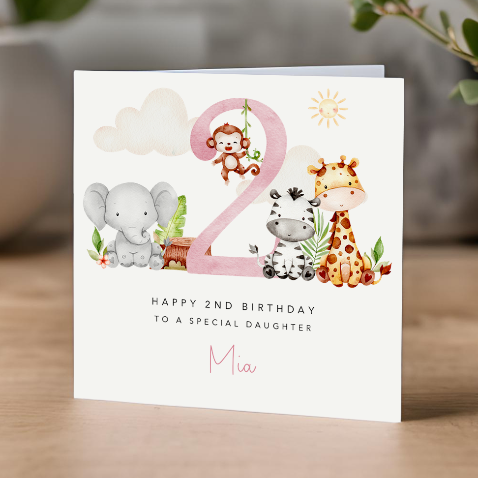 Pink Safari Animals Birthday Card