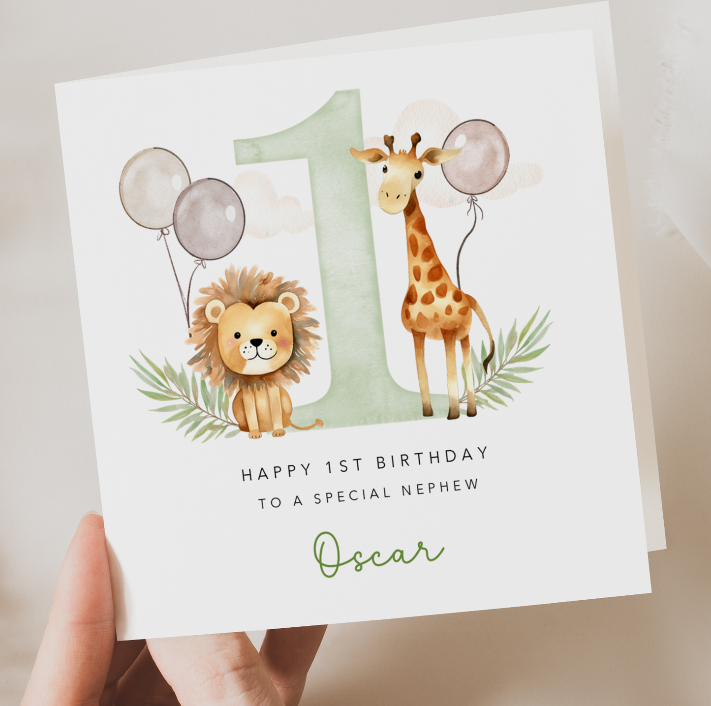 Green Safari Animals Birthday Card - Lion & Giraffe