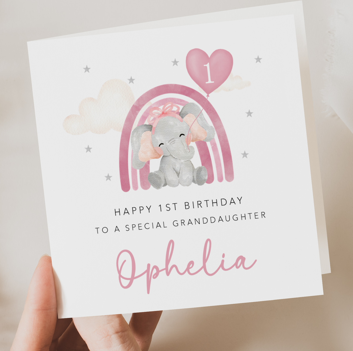 Pink Elephant Rainbow Birthday Card