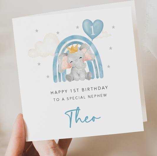 Blue Elephant Rainbow Birthday Card