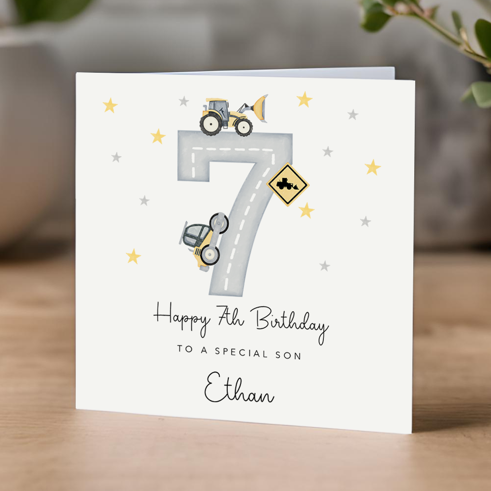 7th Birthday Card - diggers and construction theme