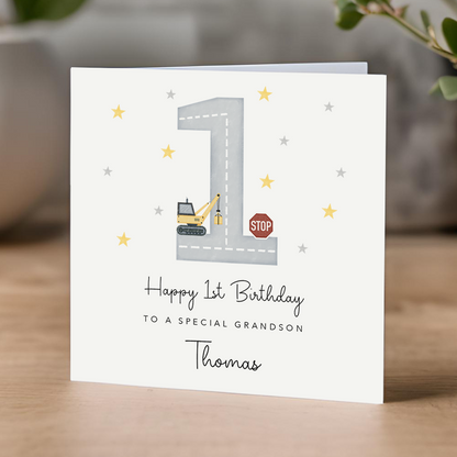 1st Birthday Card - diggers and construction theme