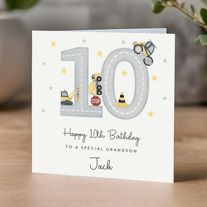 10th Birthday Card - diggers and construction theme