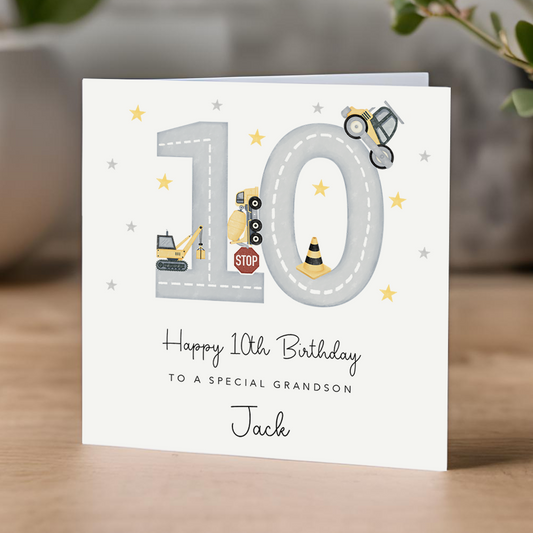 10th Birthday Card - diggers and construction theme