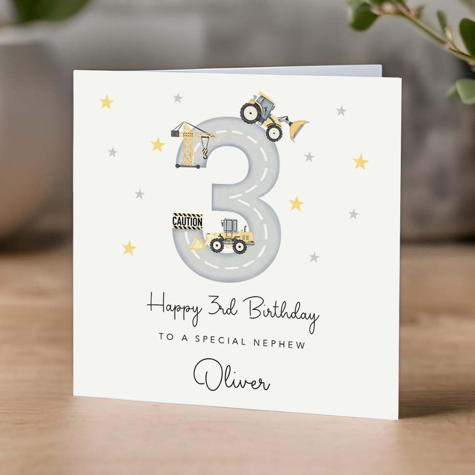 3rd Birthday Card - diggers and construction theme