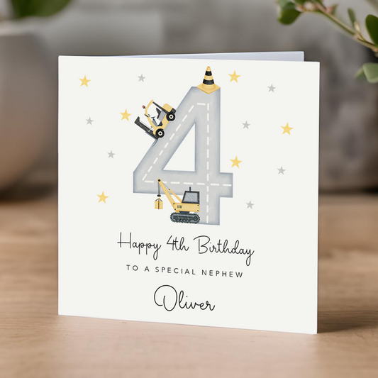 4th Birthday Card - diggers and construction theme