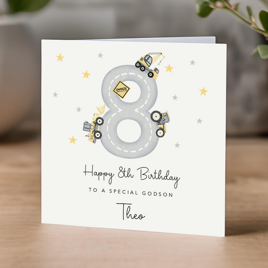 8th Birthday Card - diggers and construction theme