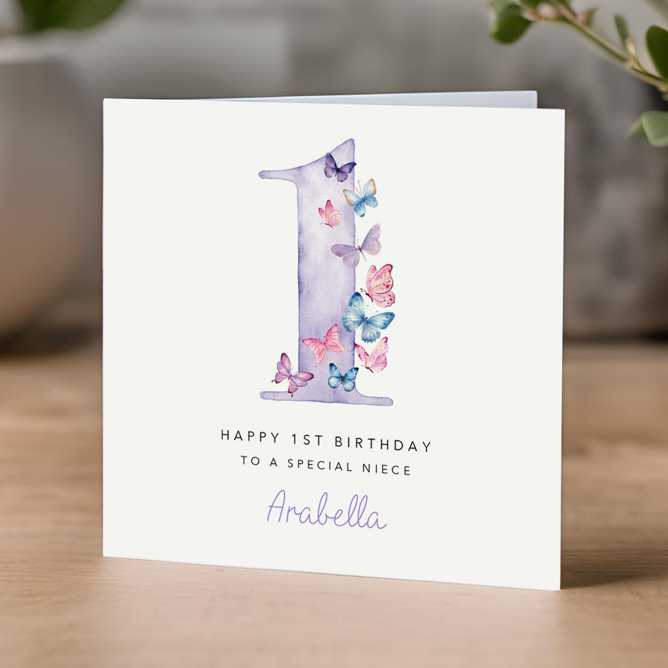 Purple Butterflies 1st Birthday Card