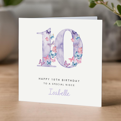 Purple Butterflies 10th Birthday Card